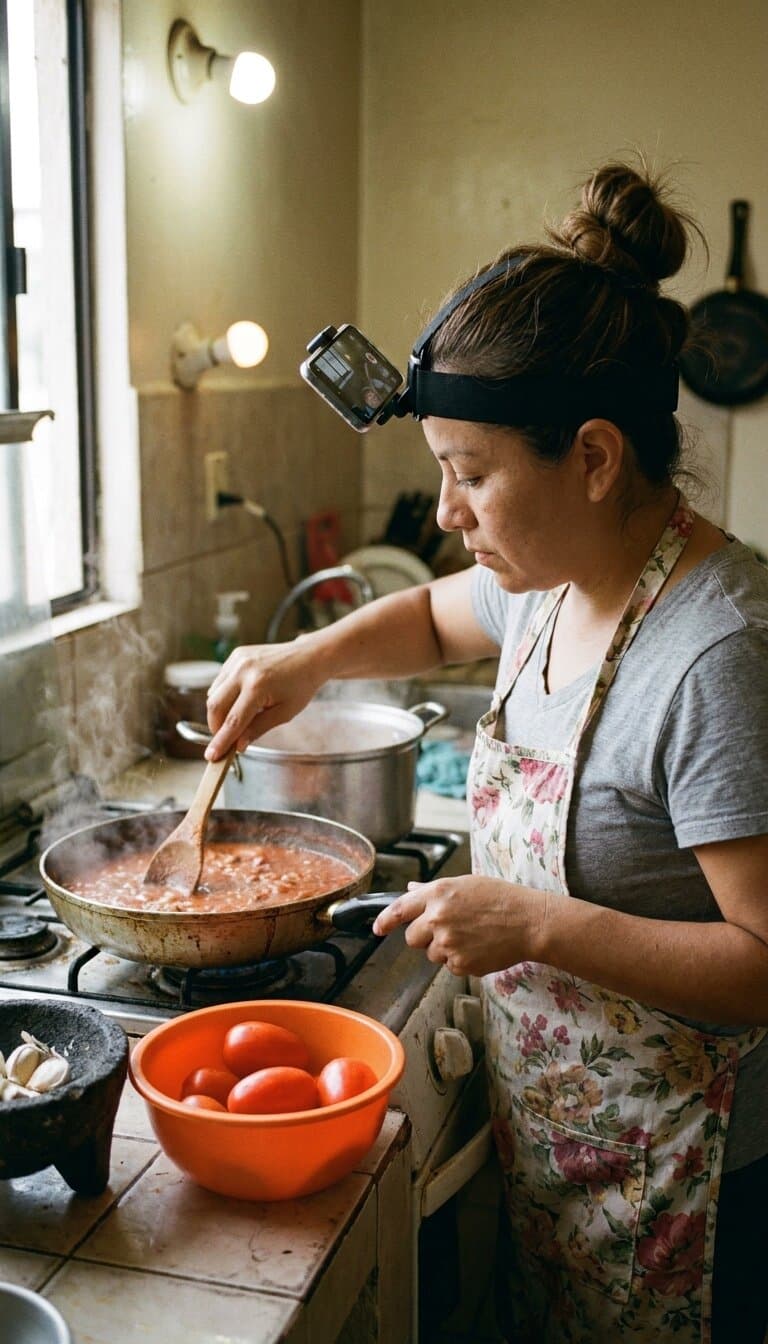 A home cook stirs a simmering pan with a wooden spoon while a head-mounted phone films her cooking hands-free